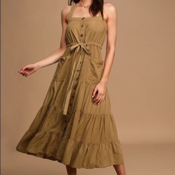 Free People Dresses & Skirts - Free People | Catch The Breeze Linen Boho Button Front Tiered Midi Dress Tan